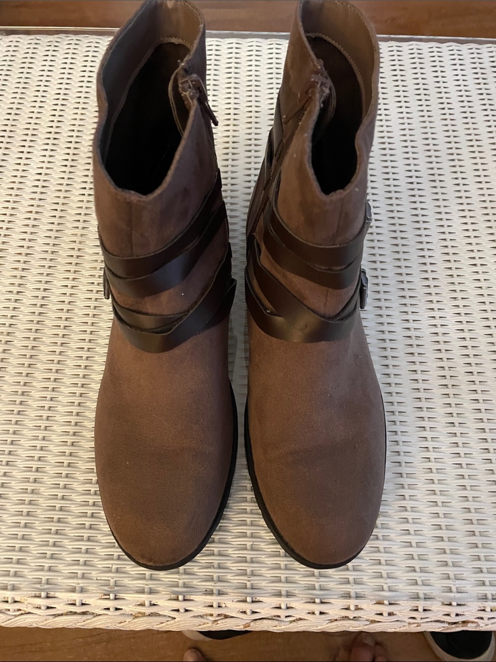 Women's Brown Suede-Style Ankle Boots with Strap Detail